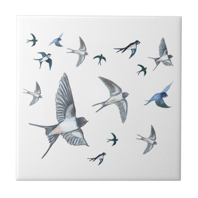 Flock Of Flying Swallow Birds Illustration Tile (Front)