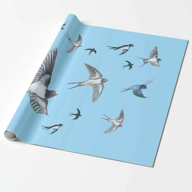 Flock Of Flying Swallow Birds Illustration Wrapping Paper (Unrolled)