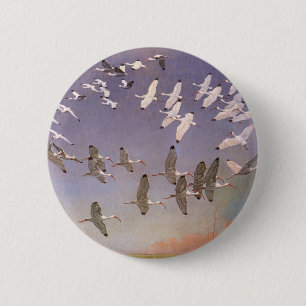 Flock of Ibis Flying Over Wetlands, Vintage Birds 6 Cm Round Badge