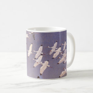 Flock of Ibis Flying Over Wetlands, Vintage Birds Coffee Mug