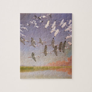 Flock of Ibis Flying Over Wetlands, Vintage Birds Jigsaw Puzzle
