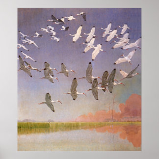 Flock of Ibis Flying Over Wetlands, Vintage Birds Poster