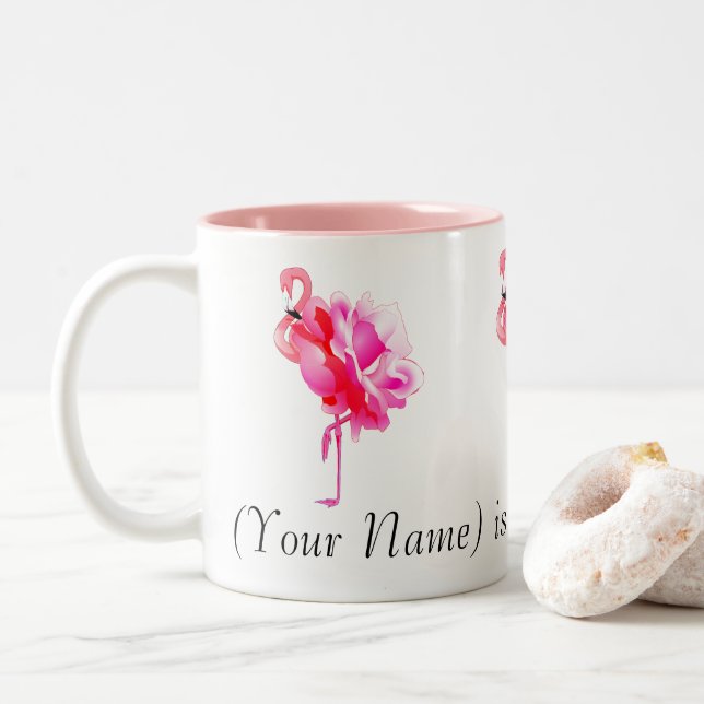 Flock of Pink Flamingos and Roses Custom Name Two-Tone Coffee Mug (With Donut)