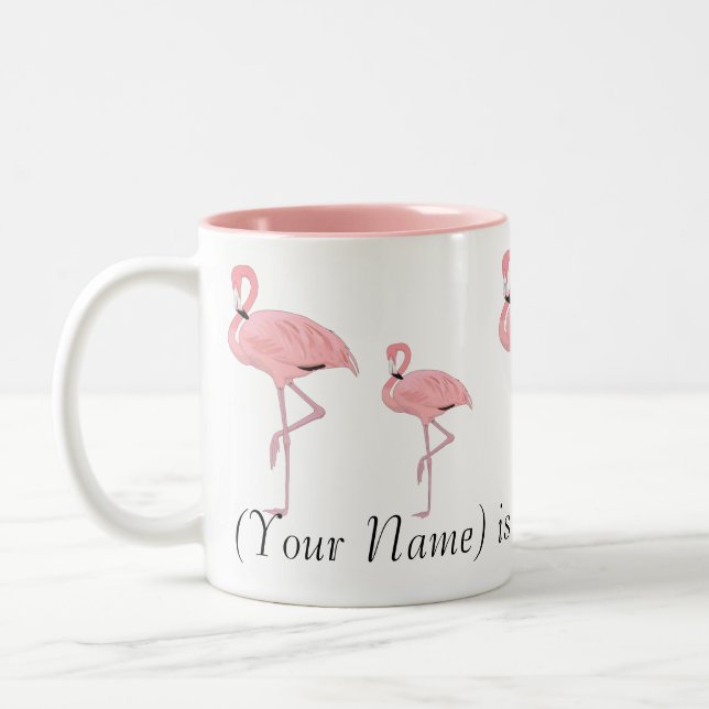 Flock of Pink Flamingos Custom Name Two-Tone Coffee Mug (Left)