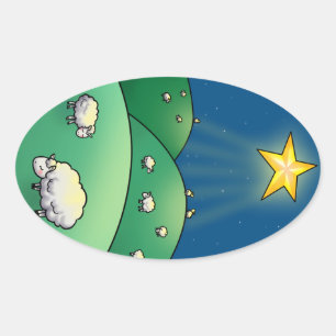 Flock of Sheep under Christmas Star Oval Sticker