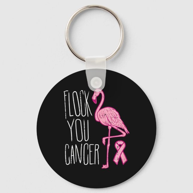 Flock You Breast Cancer Flamingo Pink Ribbon Aware Key Ring (Front)