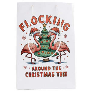 Flocking Around The Christmas Tree Pink Flamingo Medium Gift Bag