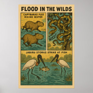 Flood in the Wilds – Capybaras,Snakes & Jabiru Art Poster