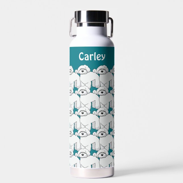 Floofy White Puppy Pattern Personalised Water Bottle (Front)