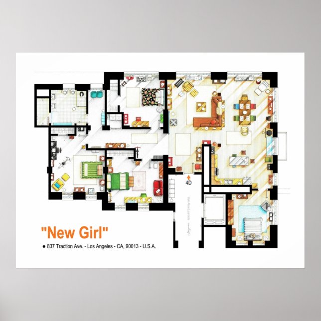 Floorplan of the loft  apartment from NEW GIRL Poster (Front)