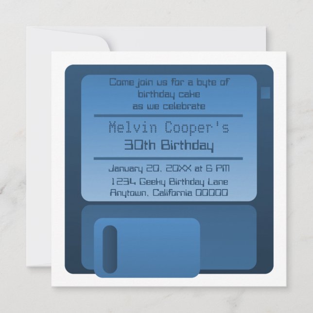 Floppy Disc Geek Birthday Party Invite, Dark Blue Invitation (Front)