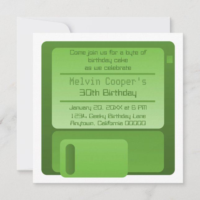 Floppy Disc Geek Birthday Party Invite, Green Invitation (Front)