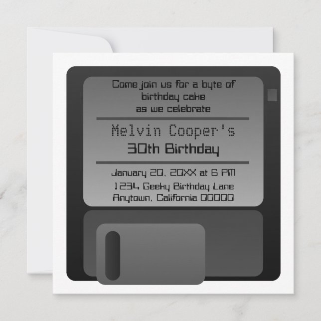 Floppy Disc Geek Birthday Party Invite, Grey Invitation (Front)