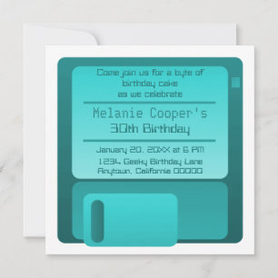 Floppy Disc Geek Birthday Party Invite, Teal Invitation
