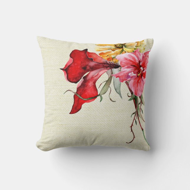 Flora Botanica Watercolor Flowers Burlap Cushion (Front)
