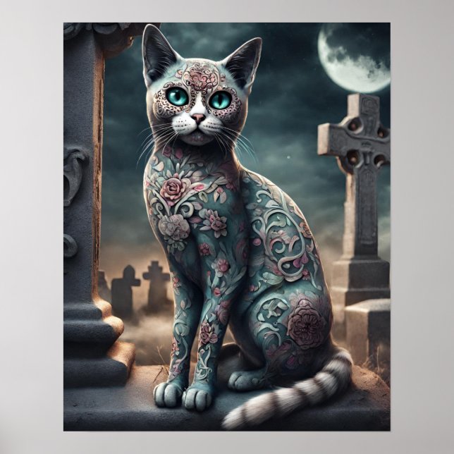 "Flora" Day of the Dead Cat, Dia De Los Muertos  Poster (Front)
