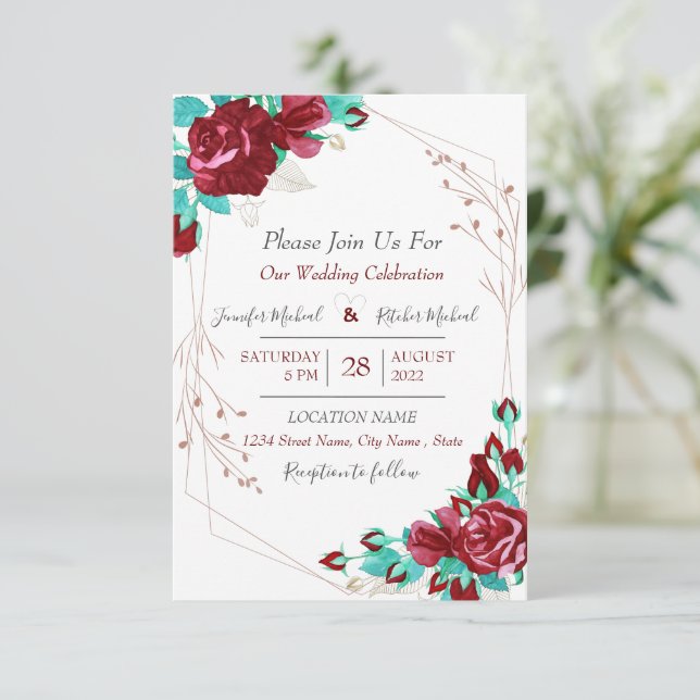 Flora Flowers & leaves Burgundy Wedding Invite  (Standing Front)