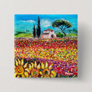 FLORA IN TUSCANY/ Fields ,Poppies and Sunflowers 15 Cm Square Badge