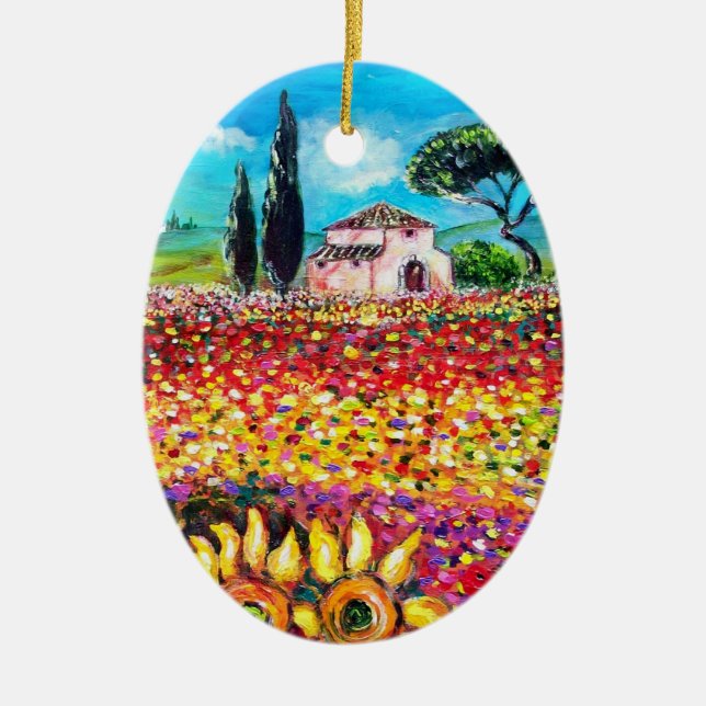 FLORA IN TUSCANY/ Fields ,Poppies and Sunflowers Ceramic Tree Decoration (Front)