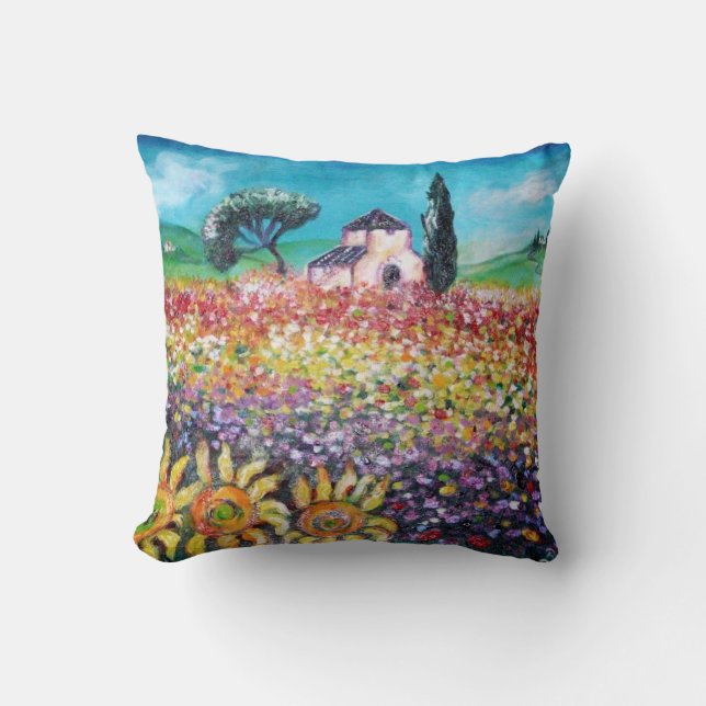 FLORA IN TUSCANY/ Fields ,Poppies and Sunflowers Cushion (Front)