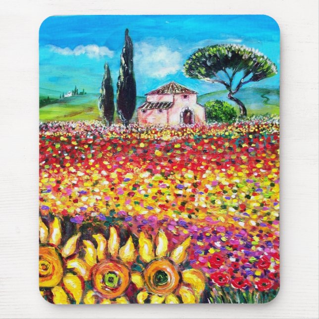 FLORA IN TUSCANY/ Fields ,Poppies and Sunflowers Mouse Mat (Front)