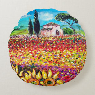FLORA IN TUSCANY/ Fields ,Poppies and Sunflowers Round Cushion