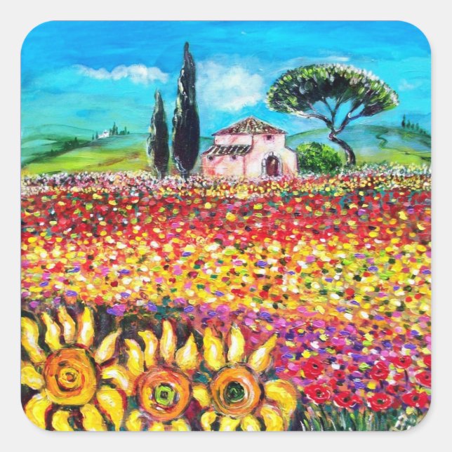 FLORA IN TUSCANY/ Fields ,Poppies and Sunflowers Square Sticker (Front)