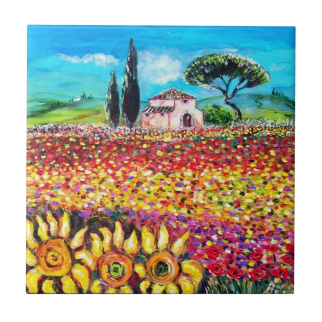 FLORA IN TUSCANY/ Fields ,Poppies and Sunflowers Tile (Front)