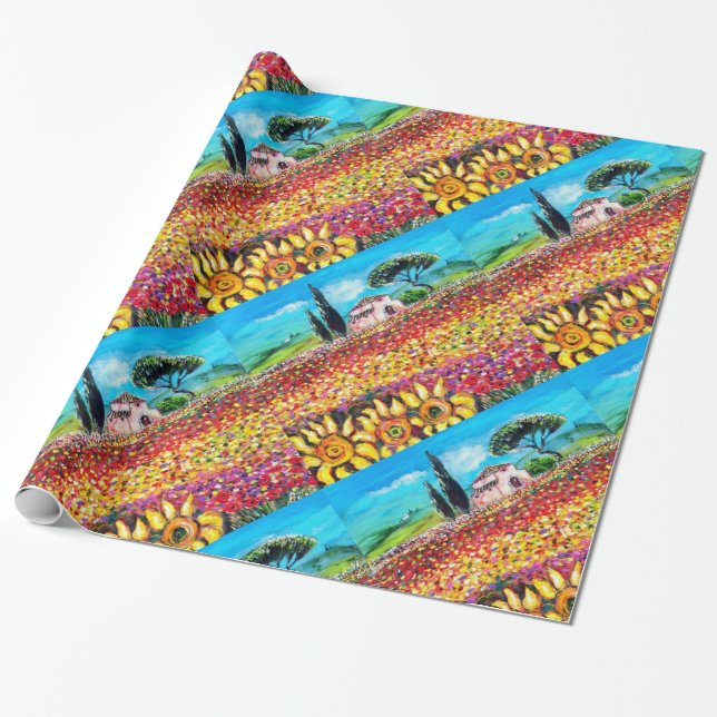 FLORA IN TUSCANY/ Fields ,Poppies and Sunflowers Wrapping Paper (Unrolled)