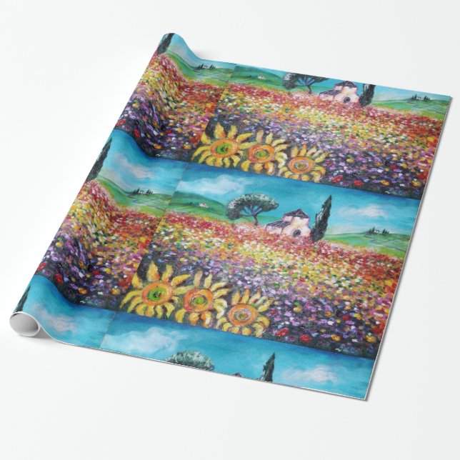 FLORA IN TUSCANY/ Fields ,Poppies and Sunflowers Wrapping Paper (Unrolled)