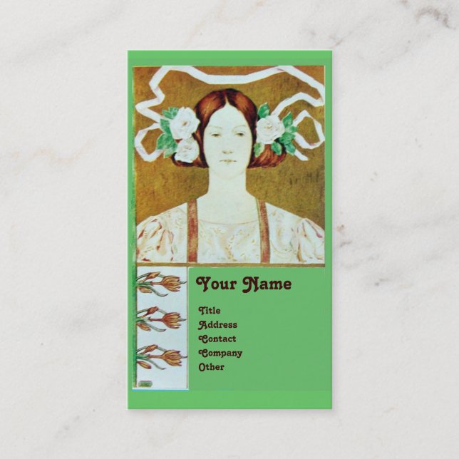 FLORA/LADY WITH WHITE ROSES MONOGRAM BUSINESS CARD (Front)