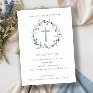 Flora Laurel Wreath Dusky Blue Grey Baptism Invite