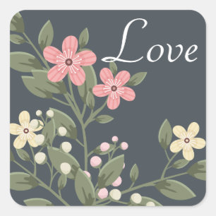 Flora Love Grey & Pink Flower Grey Wedding Square Sticker