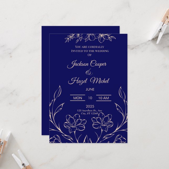 Flora Navy Blue Wedding invitation (Front/Back In Situ)
