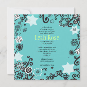 Flora Star Aqua Bat Mitzvah Invitation Invite