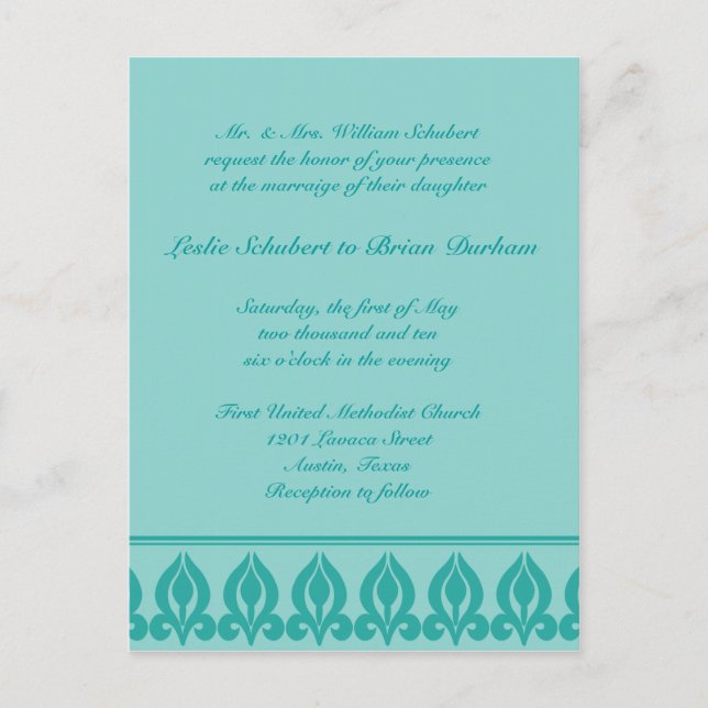 Flora Wedding Invitation-Teal/Teal Invitation Postcard (Front)