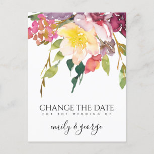 FLORA YELLOW PINK BURGUNDY WEDDING CHANGE THE DATE ANNOUNCEMENT POSTCARD