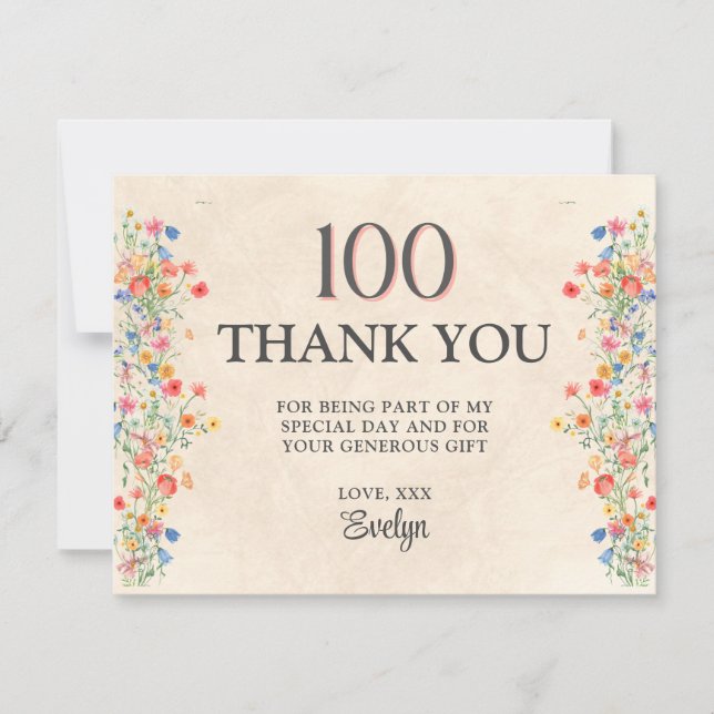Floral 100th Birthday – Elegant Wildflower Thank You Card (Front)