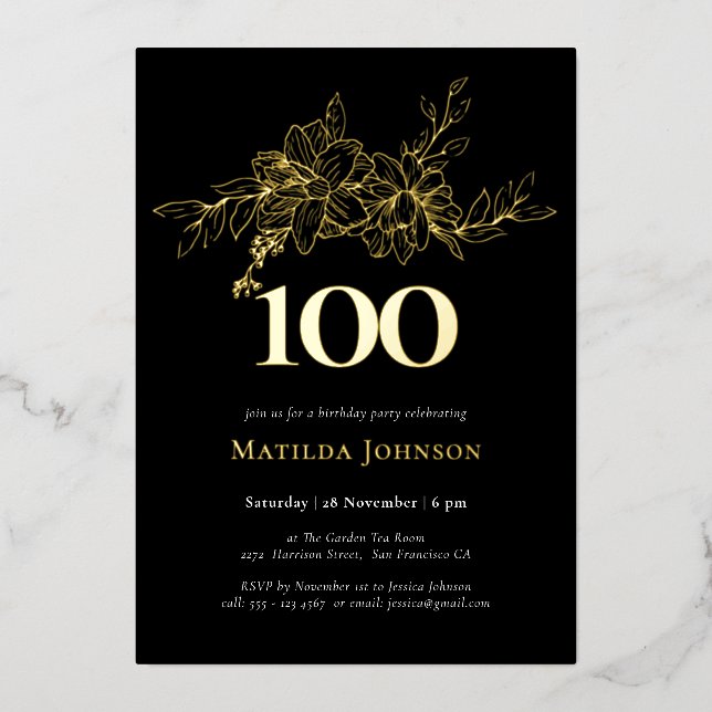 Floral 100th Birthday Gold Foil Invitation (Front)