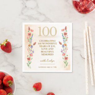 Floral 100th Birthday – Golden Wildflowers Design Napkin