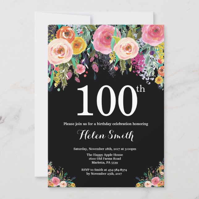 Floral 100th Birthday Invitation (Front)