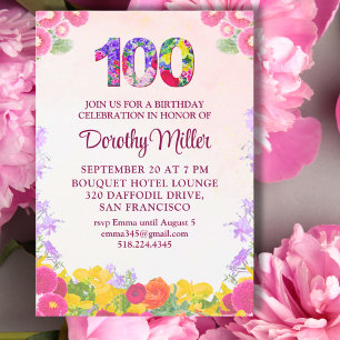 Floral 100th Birthday Invitation - Elegant 100 Postcard