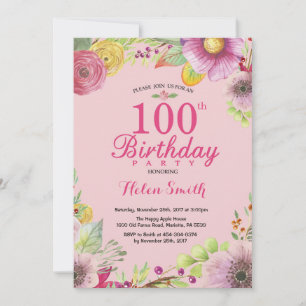 Floral 100th Birthday Invitation for Women Pink