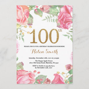 Floral 100th Birthday Invitation Gold Glitter