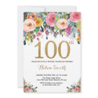 Floral 100th Birthday Invitation Gold Glitter