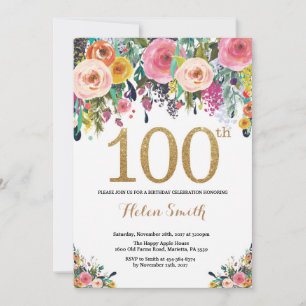 Floral 100th Birthday Invitation Gold Glitter