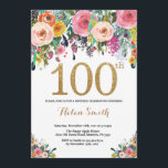 Floral 100th Birthday Invitation Gold Glitter<br><div class="desc">Floral 100th Birthday Invitation for Women. Watercolor Floral Flower. Gold Glitter. Pink,  Yellow,  Orange,  Purple Flower. Adult Birthday. For further customisation,  please click the "Customise it" button and use our design tool to modify this template.</div>