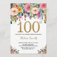 Floral 100th Birthday Invitation Gold Glitter