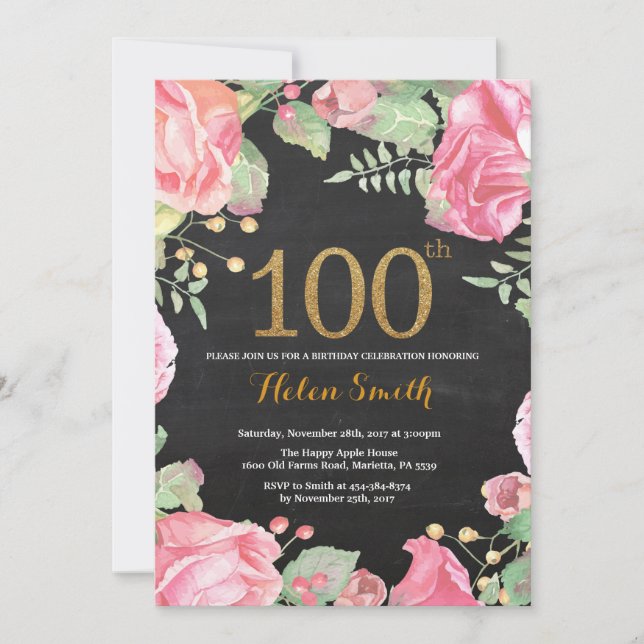 Floral 100th Birthday Invitation Gold Glitter (Front)