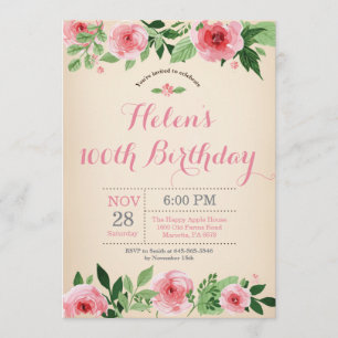 Floral 100th Birthday Invitation Pink Watercolor
